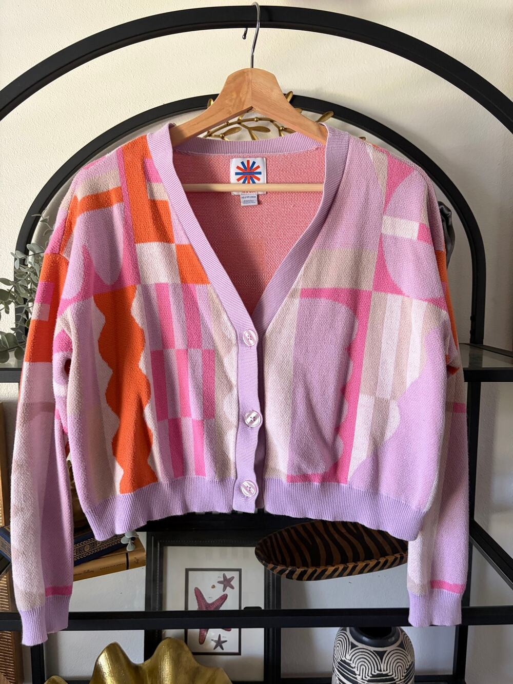 RVCA Womens XS Geometric Cardigan Pink Orange Lilac Button Sweater